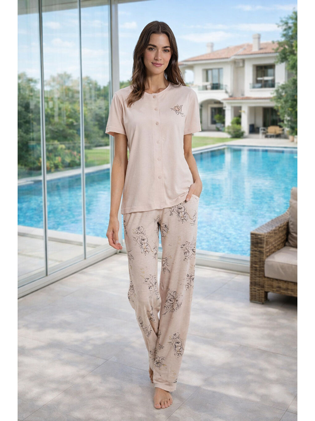 Pembe Kadın Penye Kısa Kol Pijama Takımı 3336 Pudra-3