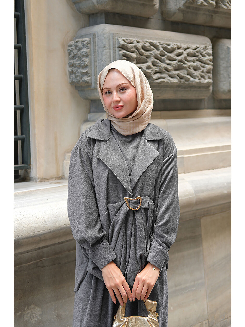 Kadın Musleya Önü Pile Detay Süet Takım Antrasit-1