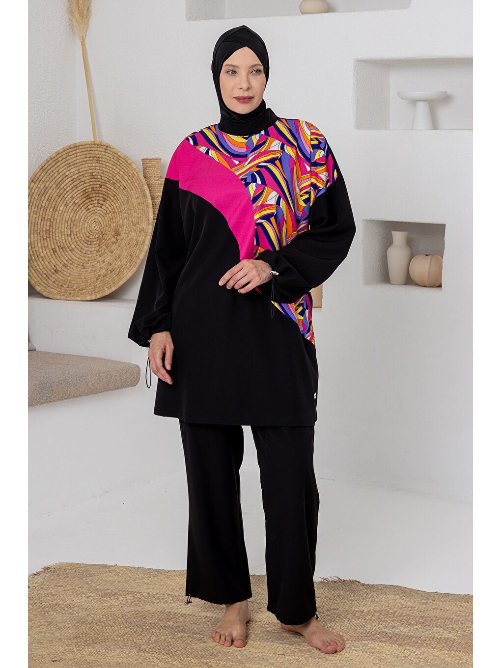 Büyük Beden UV Korumalı Spor Elastan Tam Kapalı Tesettür Mayo 1810 Siyah01-1