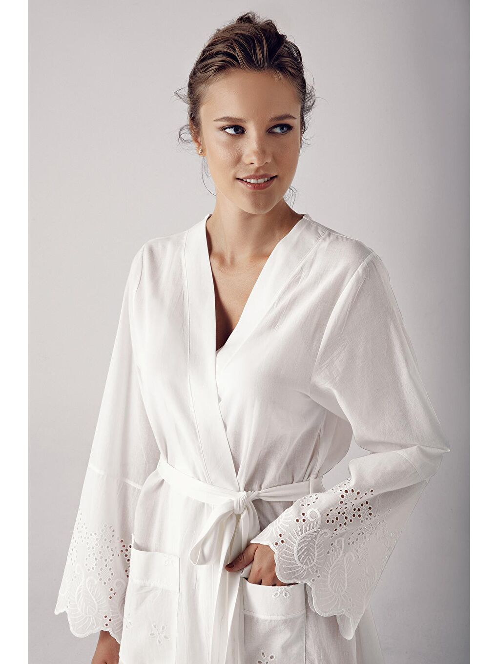 Ekru Kadın Kısa Vual Uzun Kollu Pamuklu Sabahlık 11501-1