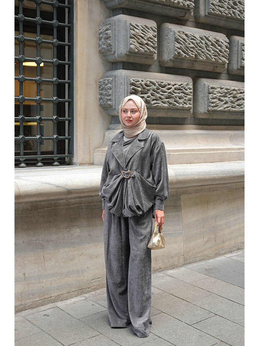 Kadın Musleya Önü Pile Detay Süet Takım Antrasit-3