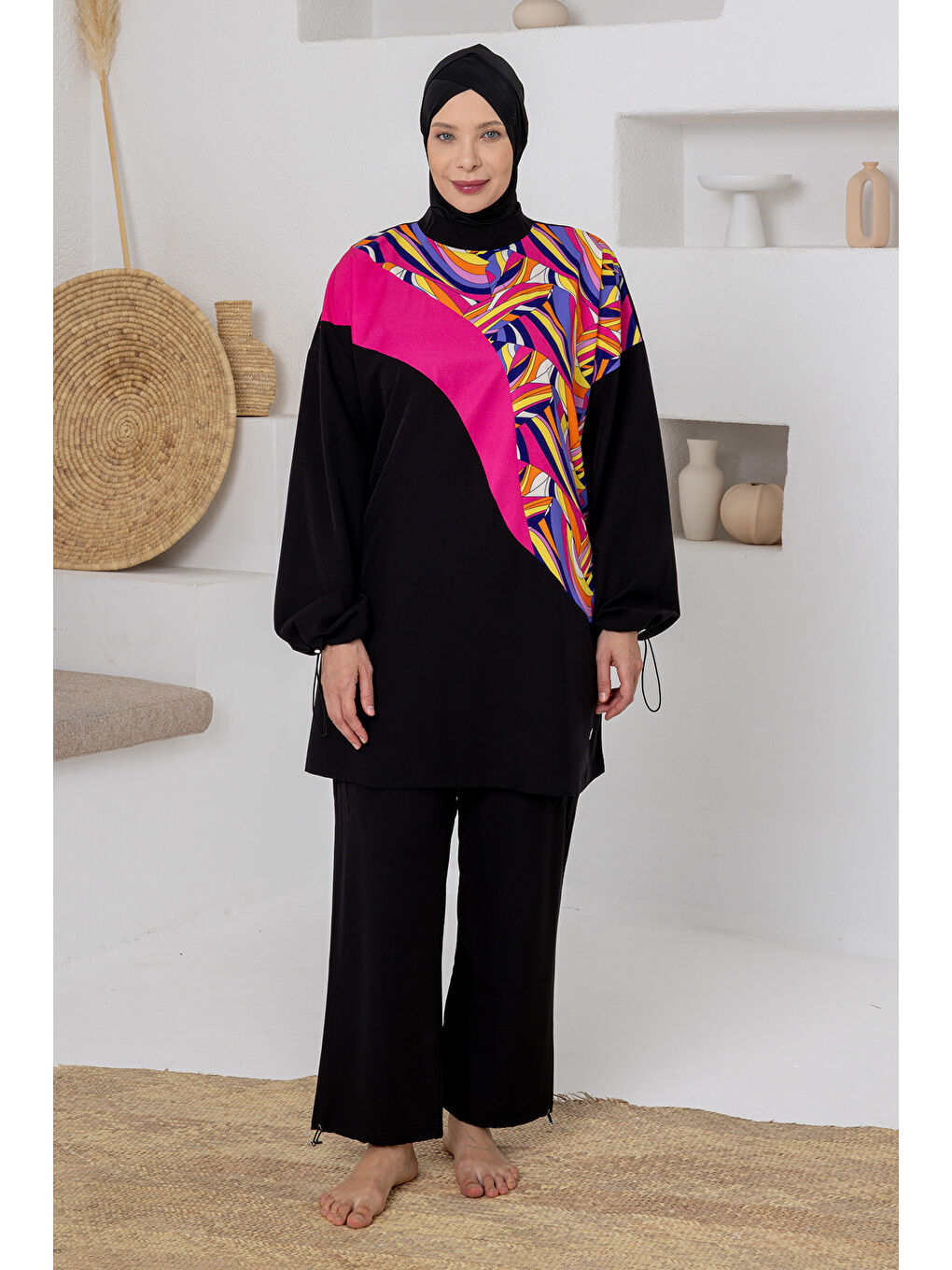 Büyük Beden UV Korumalı Spor Elastan Tam Kapalı Tesettür Mayo 1810 Siyah01-2