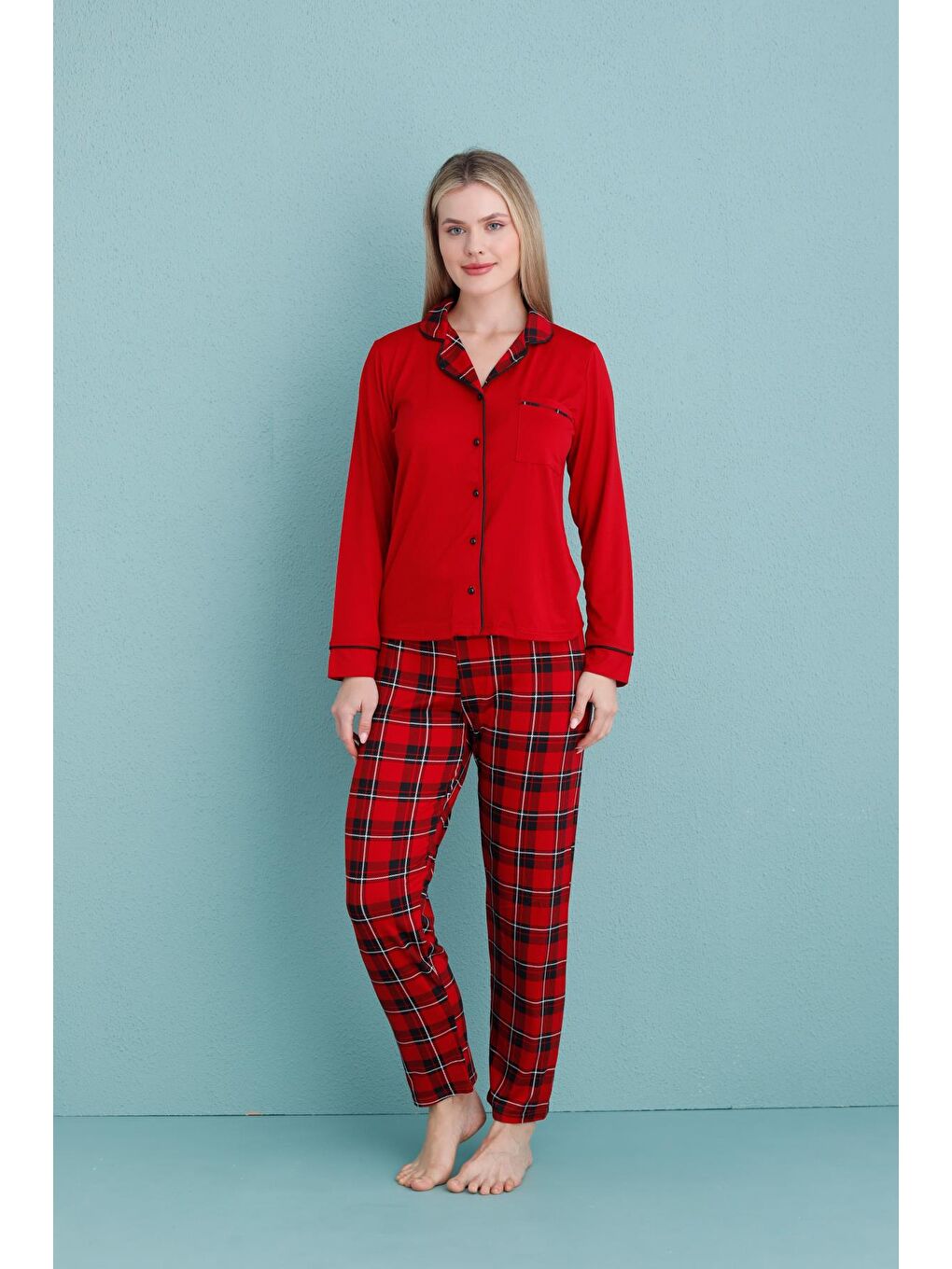 Kadın Milan Genç Önden Düğmeli Pijama Takımı | Kırmızı 50904-083