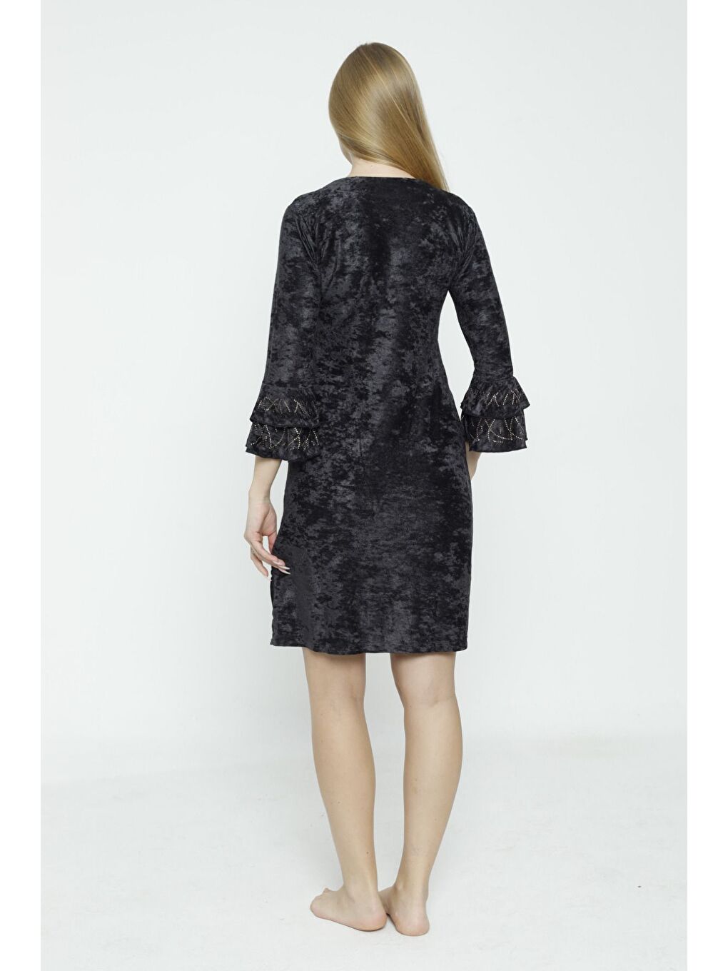 Antrasit Lacivert V Yaka Taş Detaylı Balon Kollu Kadife Elbise-4