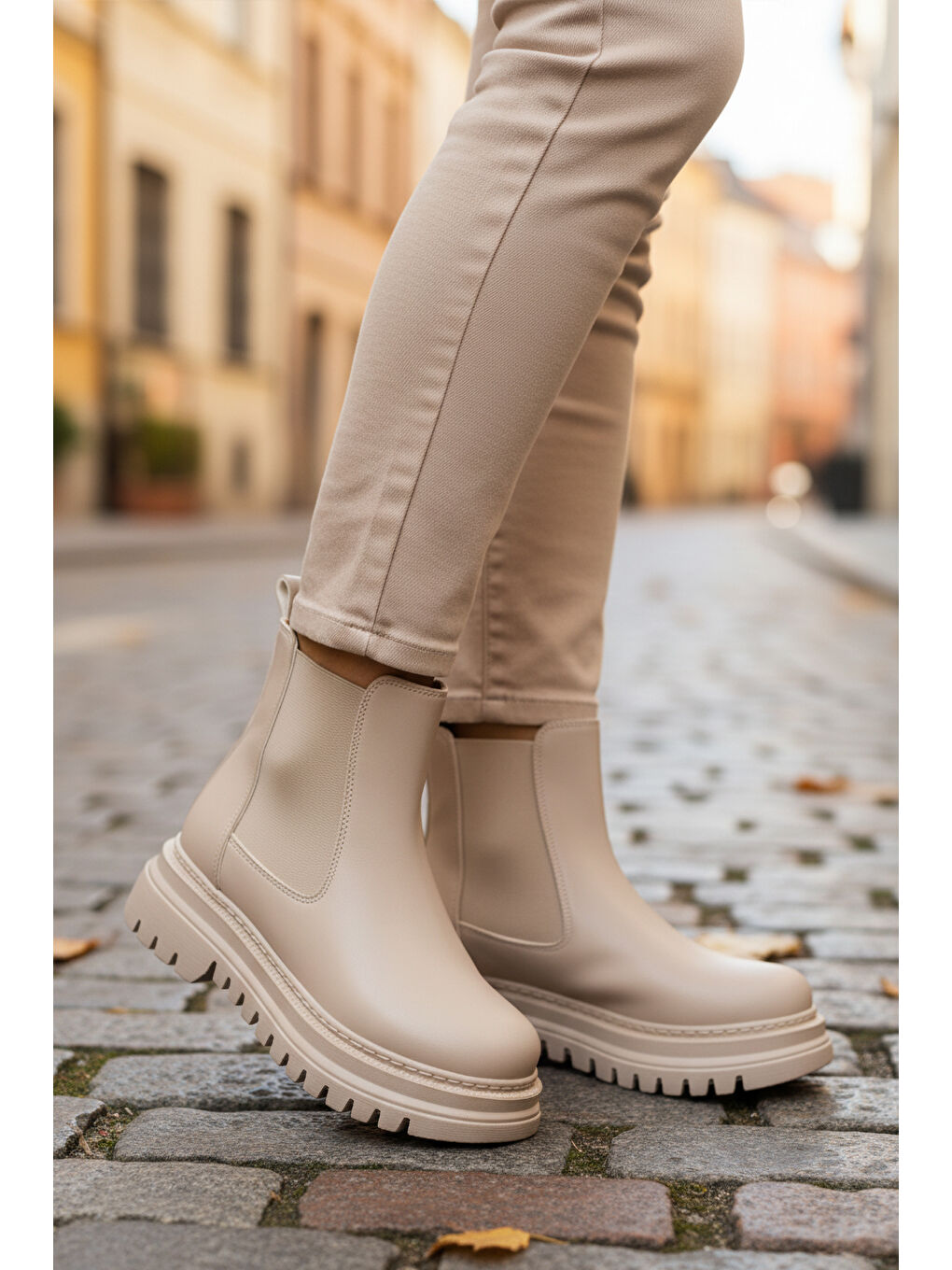 Bej Cilt Kürklü Kolay Giyilebilir Kaymaz Kadın Chelsea Bot 473093 Z-2