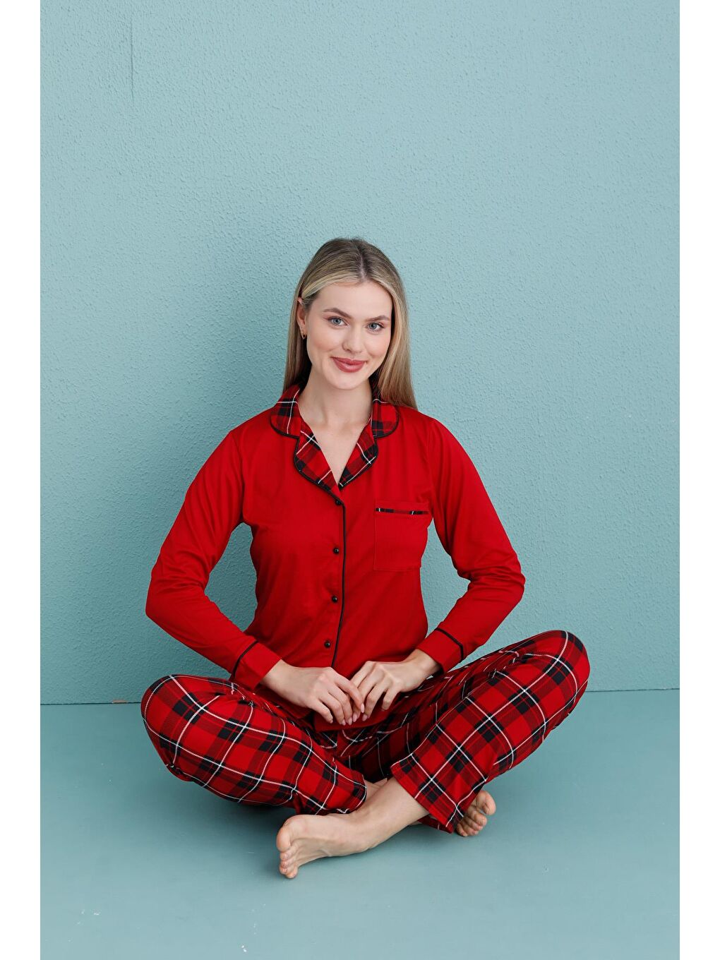 Kadın Milan Genç Önden Düğmeli Pijama Takımı | Kırmızı 50904-083-1