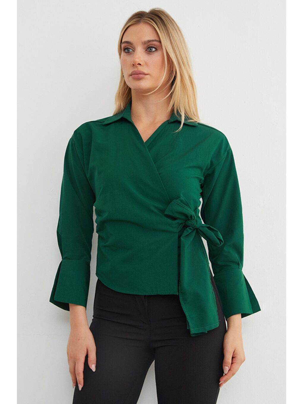 Yeşil Basic Kruvaze Bağlamalı Gömlek-1