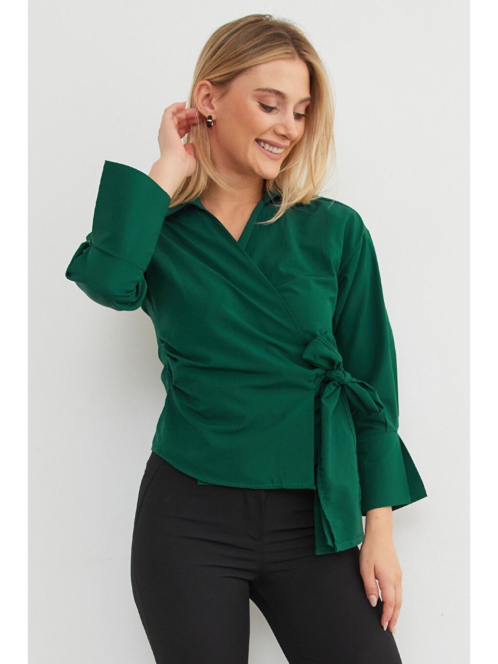 Yeşil Basic Kruvaze Bağlamalı Gömlek-2