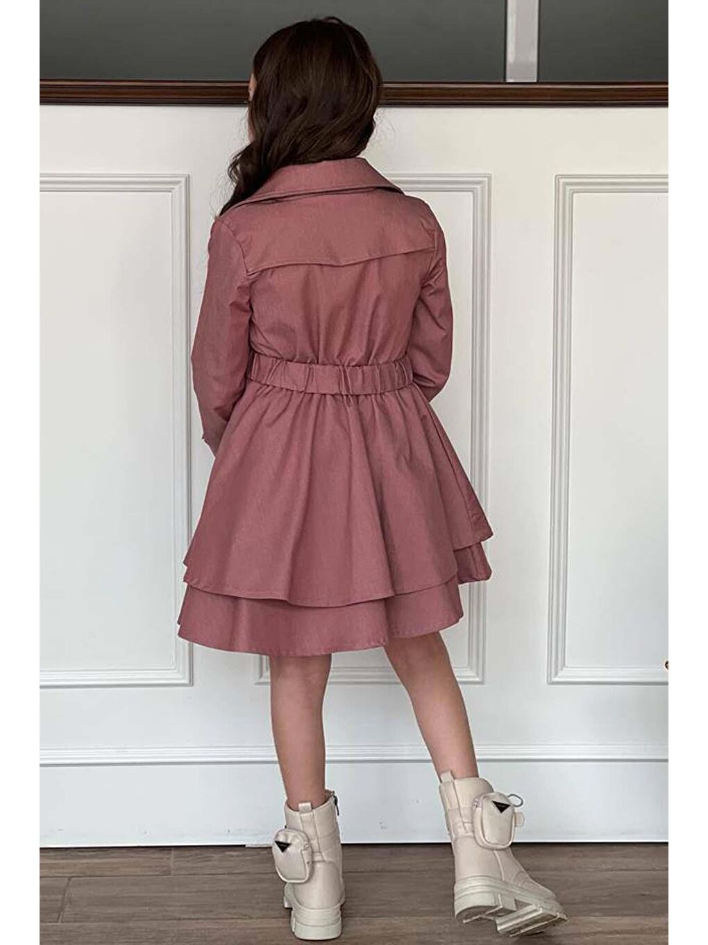 Pembe Kız Çocuk Çiçek Desenli Piliseli Gül Kurusu Trençkotlu Elbise-1