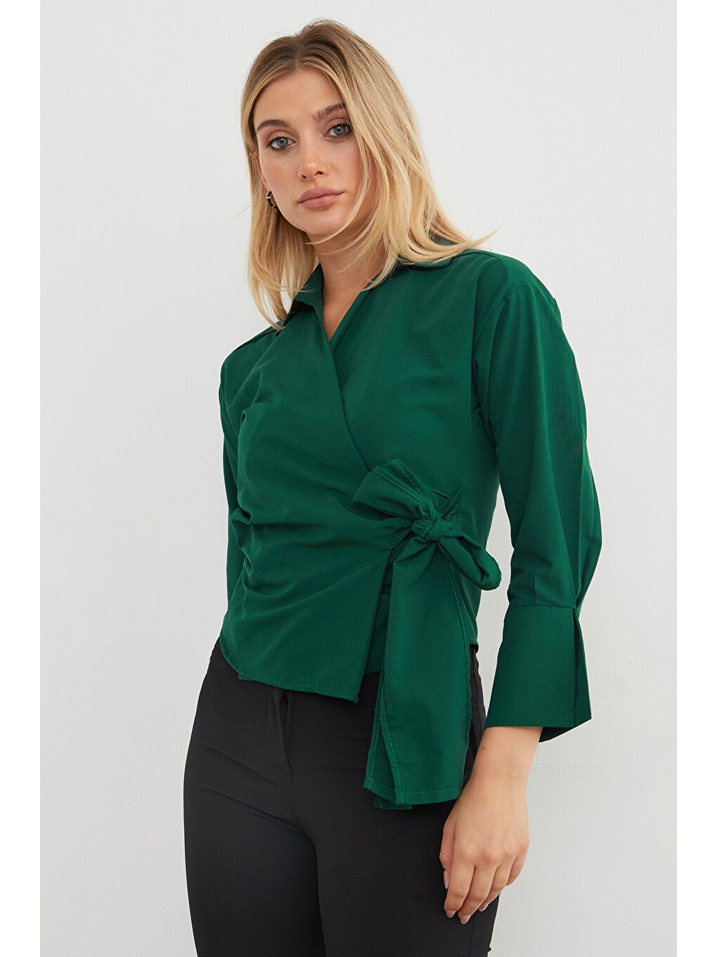 Yeşil Basic Kruvaze Bağlamalı Gömlek-3