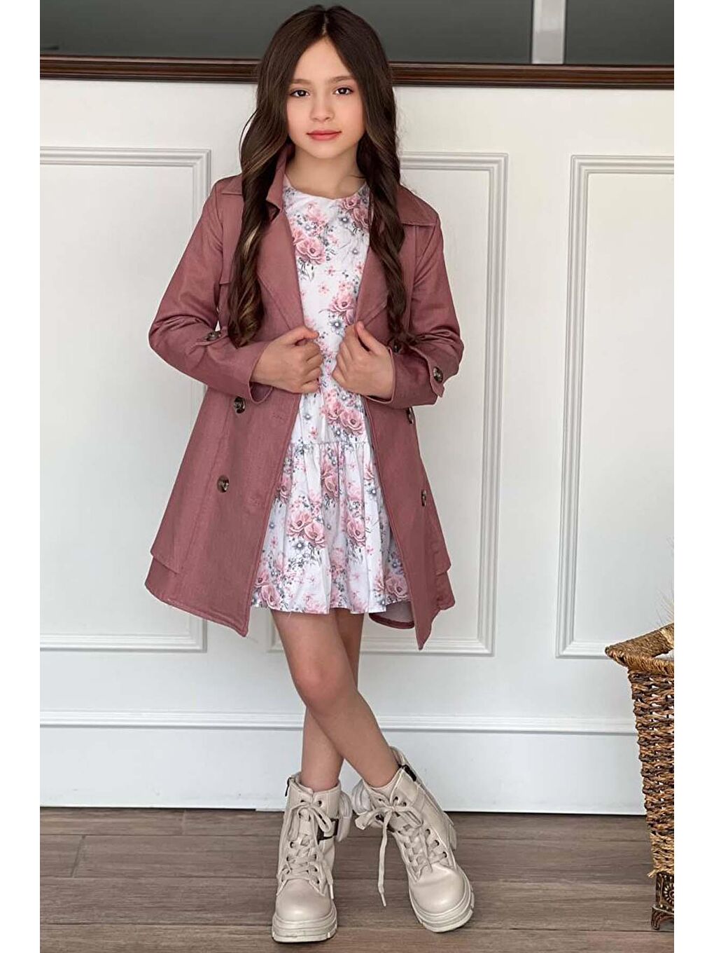 Pembe Kız Çocuk Çiçek Desenli Piliseli Gül Kurusu Trençkotlu Elbise-2