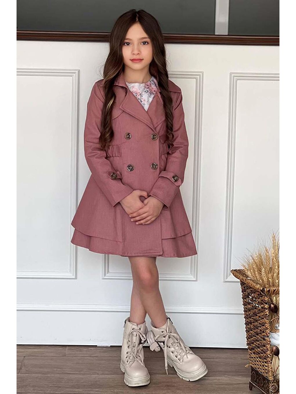 Pembe Kız Çocuk Çiçek Desenli Piliseli Gül Kurusu Trençkotlu Elbise-3