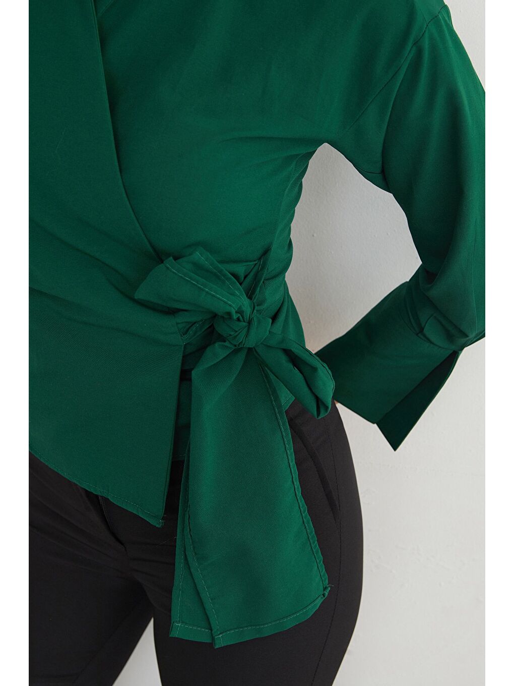 Yeşil Basic Kruvaze Bağlamalı Gömlek-4