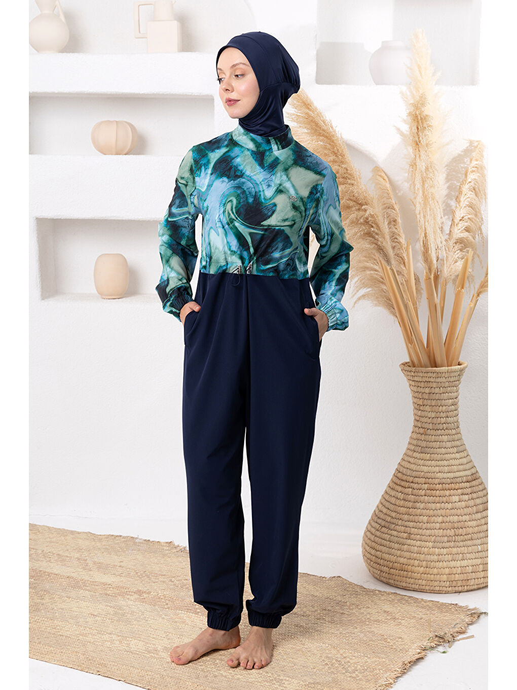 Spor Elastan Tulum Etek 2 Farklı Şekilde Giyilebilir Tesettür Mayo 1236 Koyu Lacivert-1