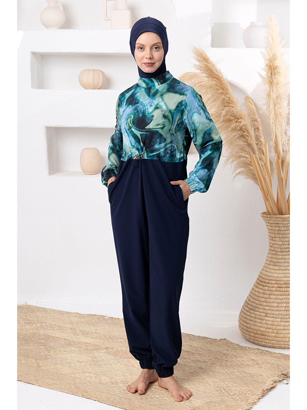 Spor Elastan Tulum Etek 2 Farklı Şekilde Giyilebilir Tesettür Mayo 1236 Koyu Lacivert-2