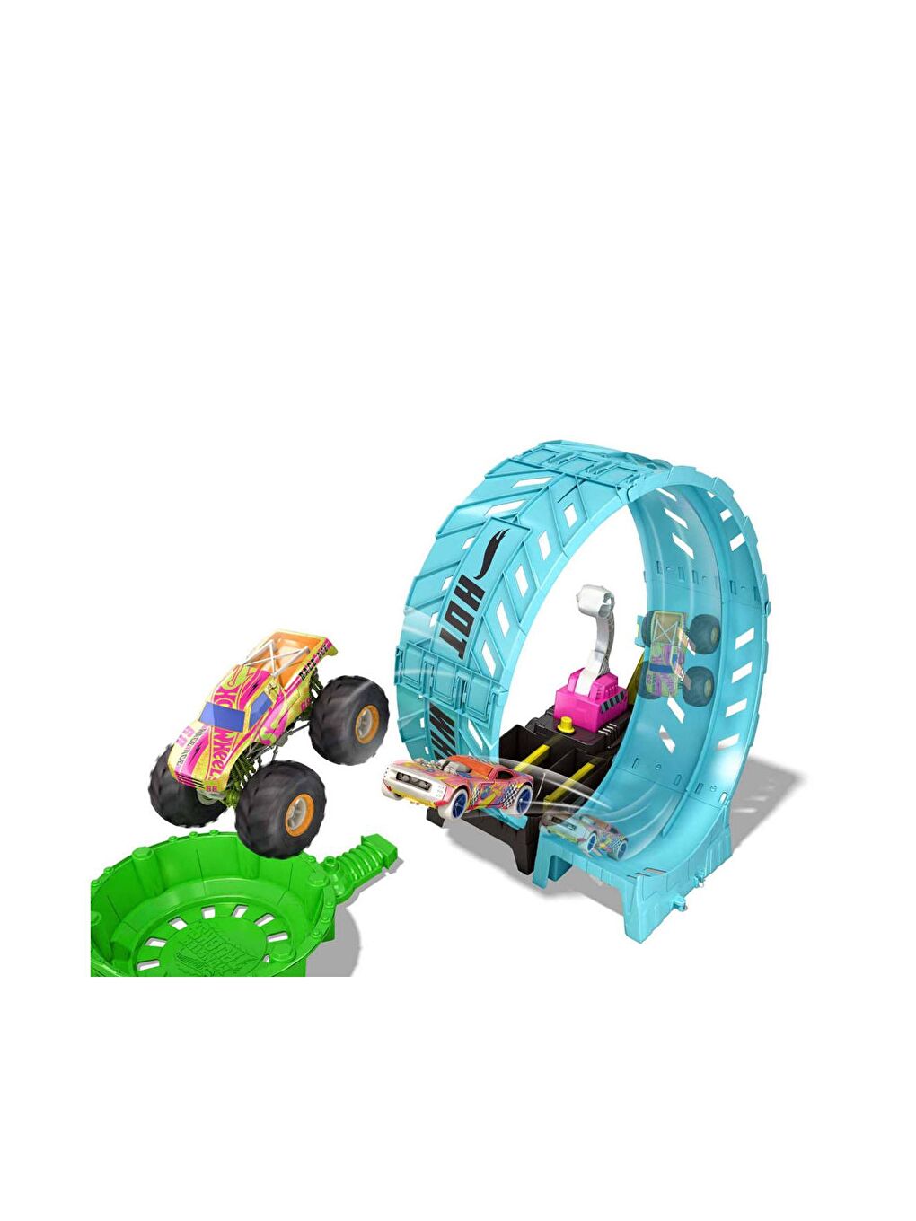 Hot Wheels Beyaz-Renklibaskı Monster Trucks Karanlıkta Parlayan Çemberde Yarış Seti HBN02