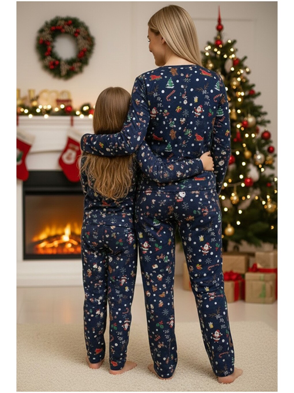 Karışık %100 Pamuklu Şeker Baston Desenli Yılbaşı Temalı Örme Pijama Takım-1
