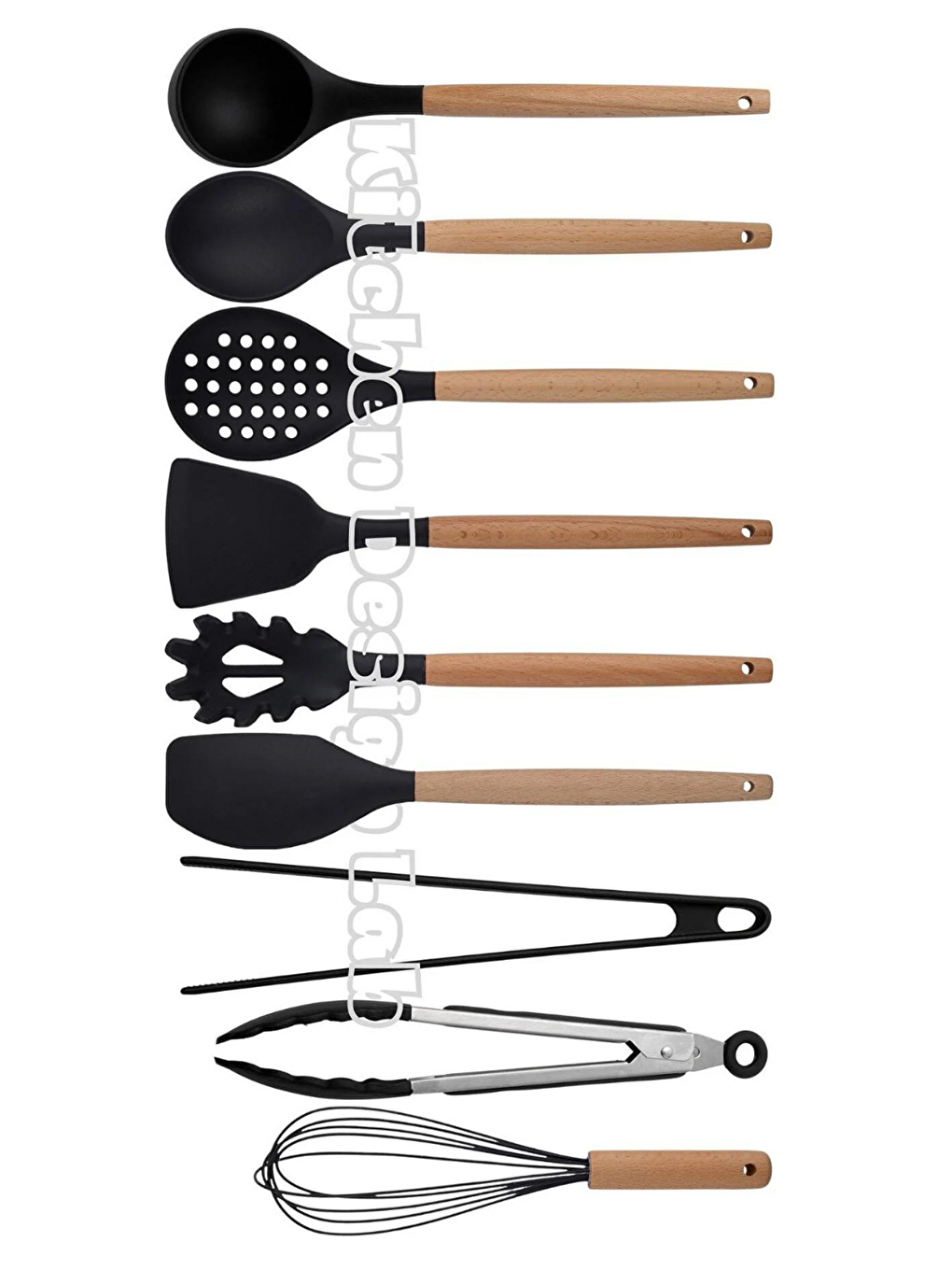 Kitchen Design Lab Siyah Bambu Silikon - Kepçe, Kaşık, Kevgir, Makarna, 2 Spatula, Silikon Metal Maşa, Çırpıcı 9 Adet