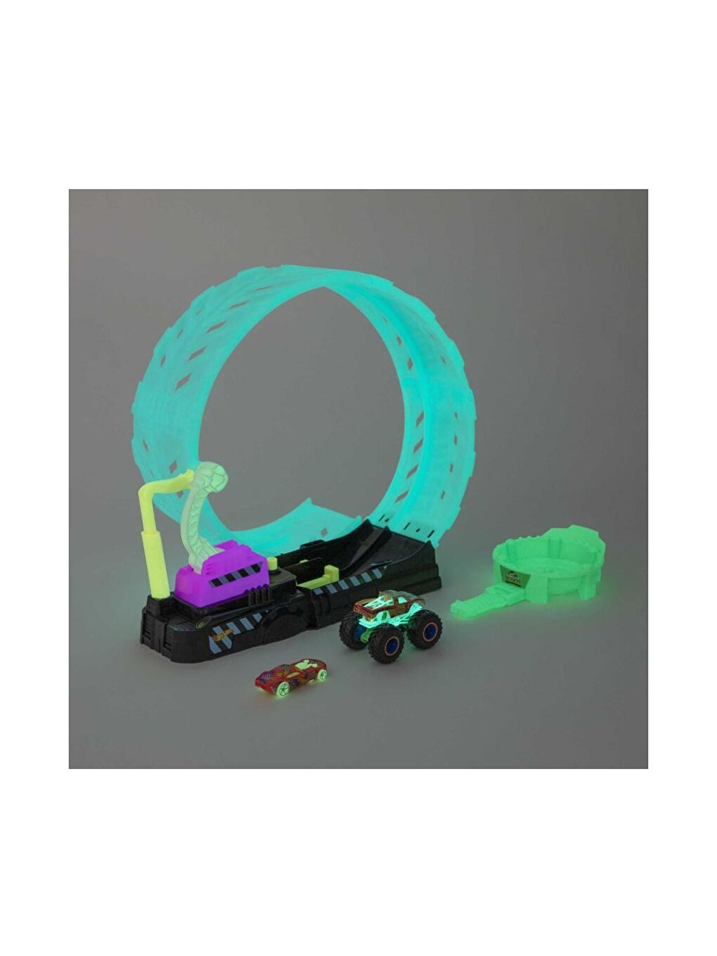 Hot Wheels Beyaz-Renklibaskı Monster Trucks Karanlıkta Parlayan Çemberde Yarış Seti HBN02 - 3