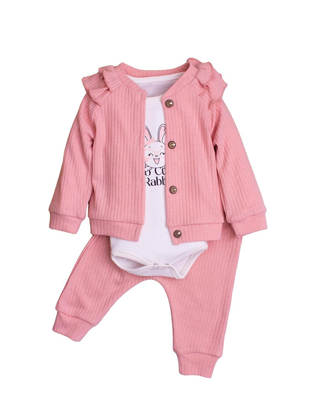 Pembe Kız Bebek Fitilli Fırfır Detaylı Pamuklu Zıbınlı 3'lü Bebek Takımı