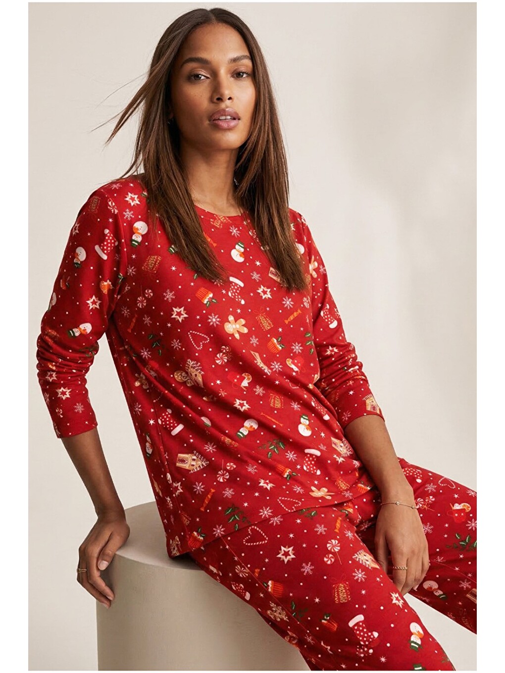Kırmızı Yumuşak Dokulu Süet Örme Pijama Takım 7983