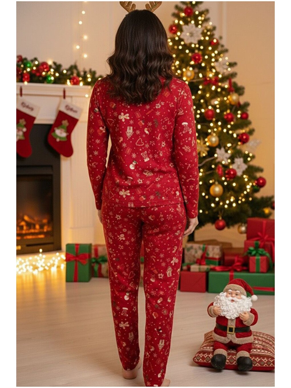 Kırmızı Yumuşak Dokulu Süet Örme Pijama Takım 7983-2