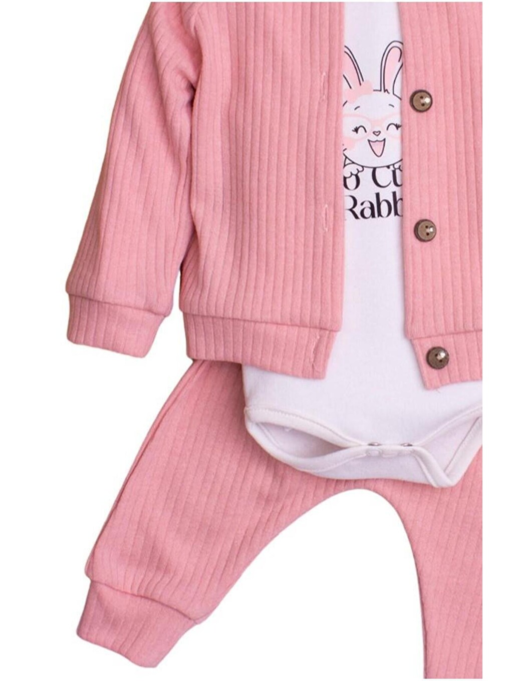 Pembe Kız Bebek Fitilli Fırfır Detaylı Pamuklu Zıbınlı 3'lü Bebek Takımı-2
