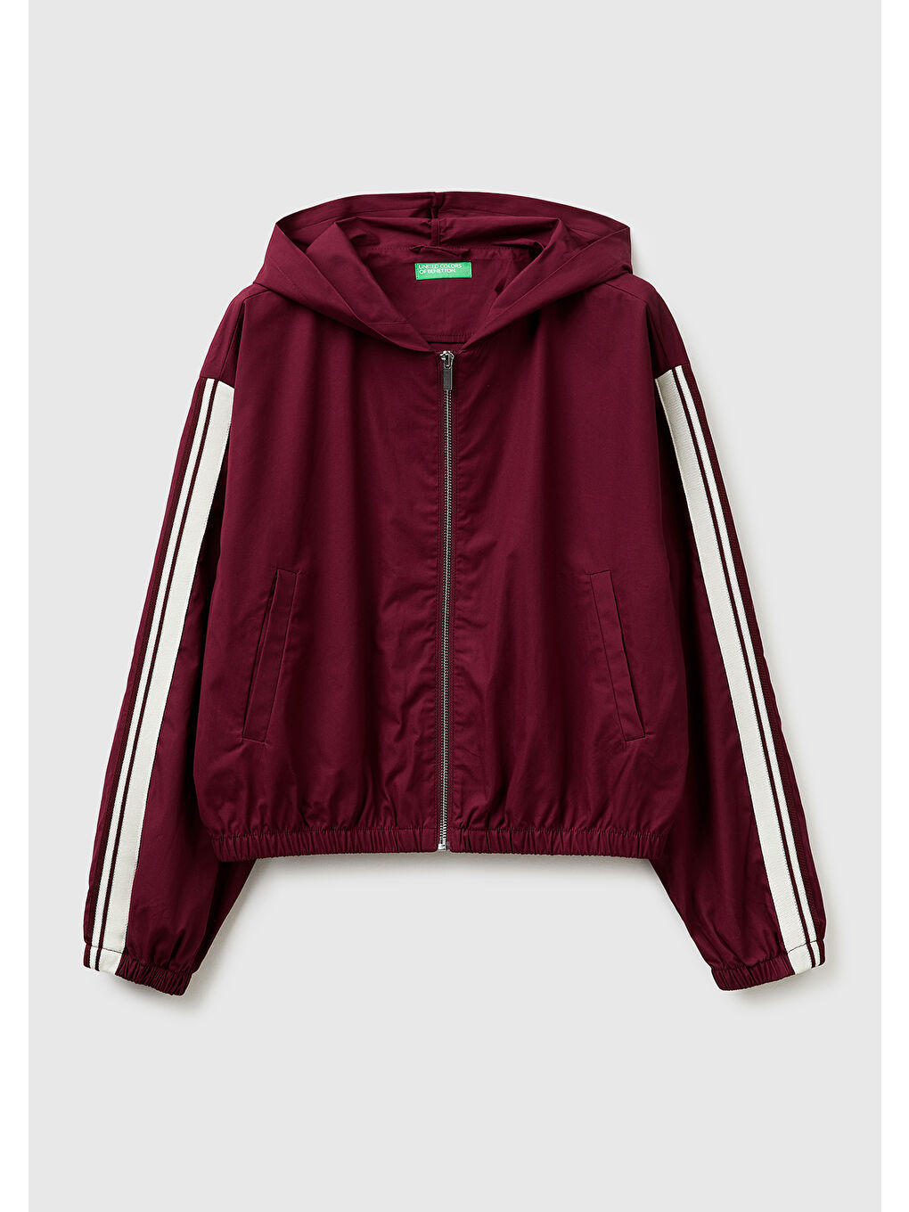 Kadın Bordo %100 Pamuk Şeritli Fermuarlı Kapüşonlu Kanvas Ceket-1