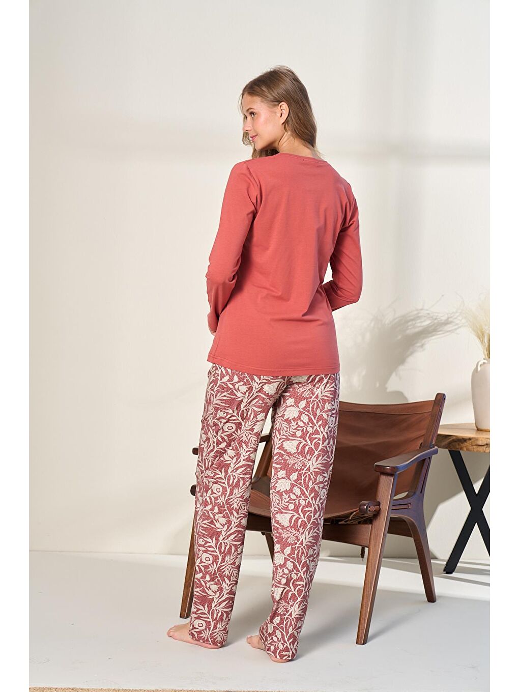 Kırmızı Kadın Elastanlı Süprem Desenli Önü Patlı Pijama Takım | Nar Çiçeği 3139-2