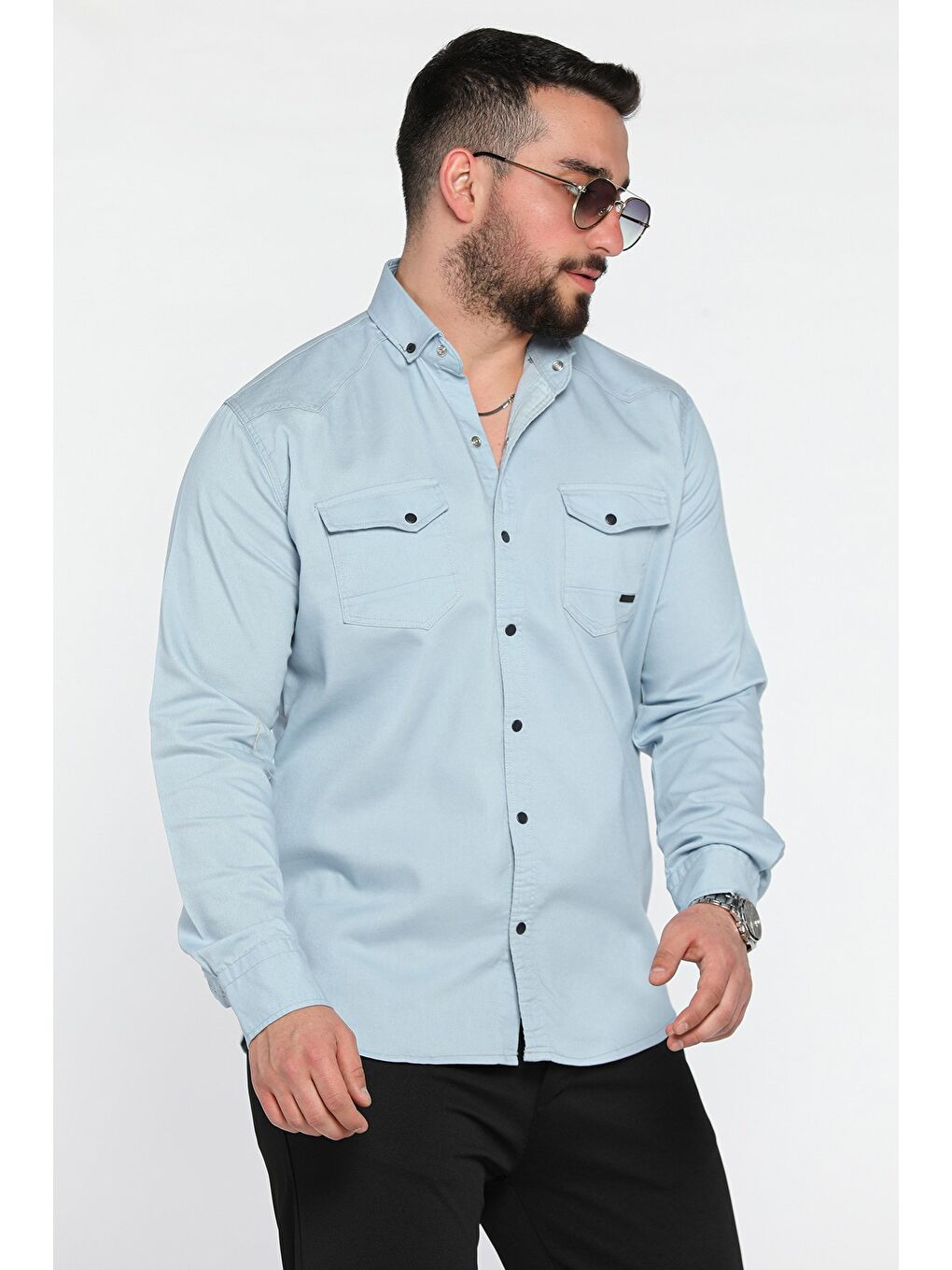 Mavi Erkek Cepli Çıtçıtlı Uzun Kol Gömlek-1