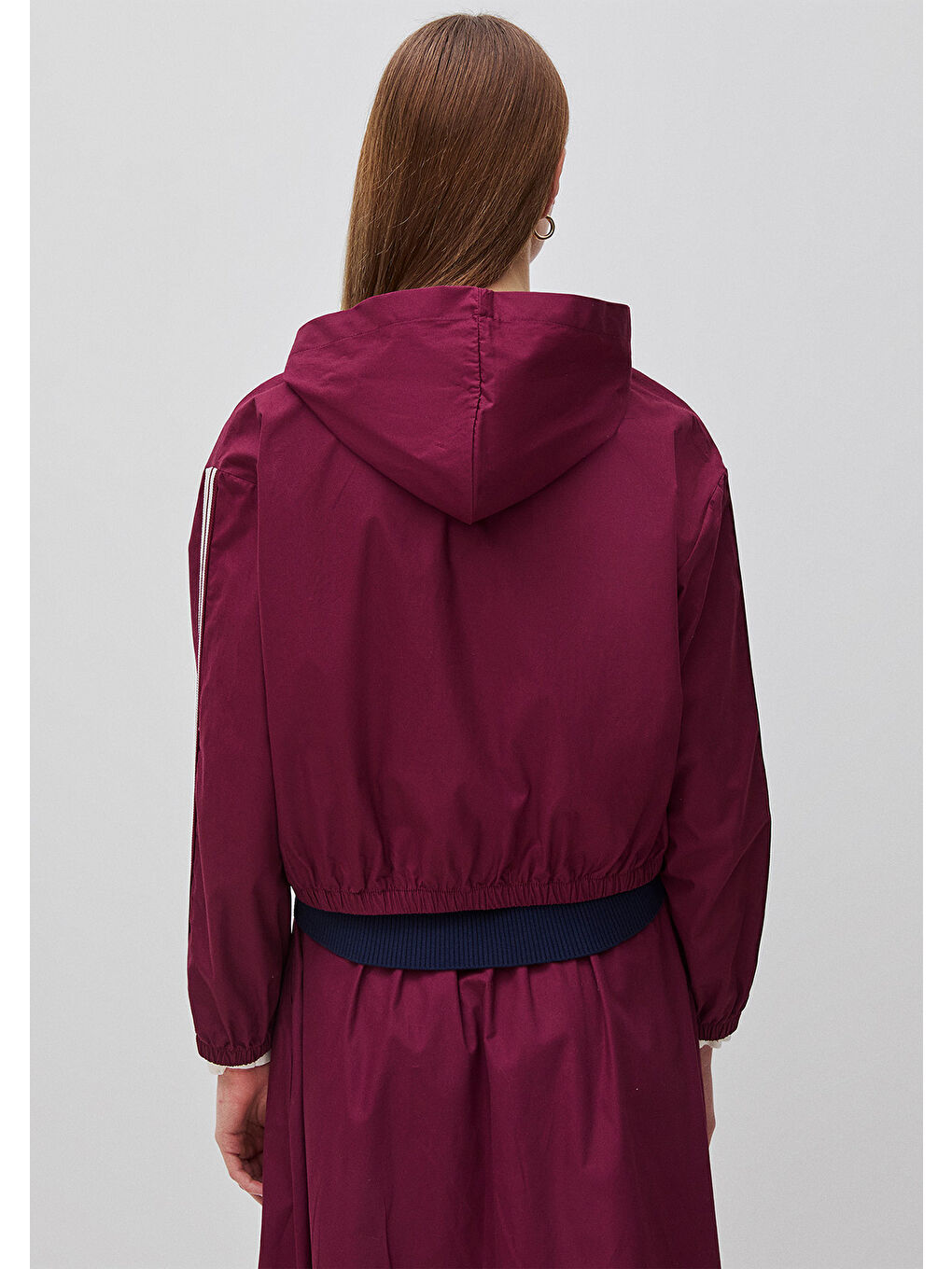 Kadın Bordo %100 Pamuk Şeritli Fermuarlı Kapüşonlu Kanvas Ceket-2