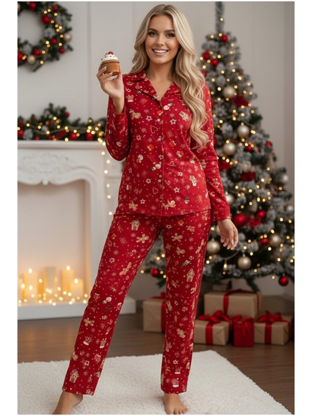 Karışık Yumuşak Dokulu Süet Düğmeli Örme Pijama Takım 7984-1