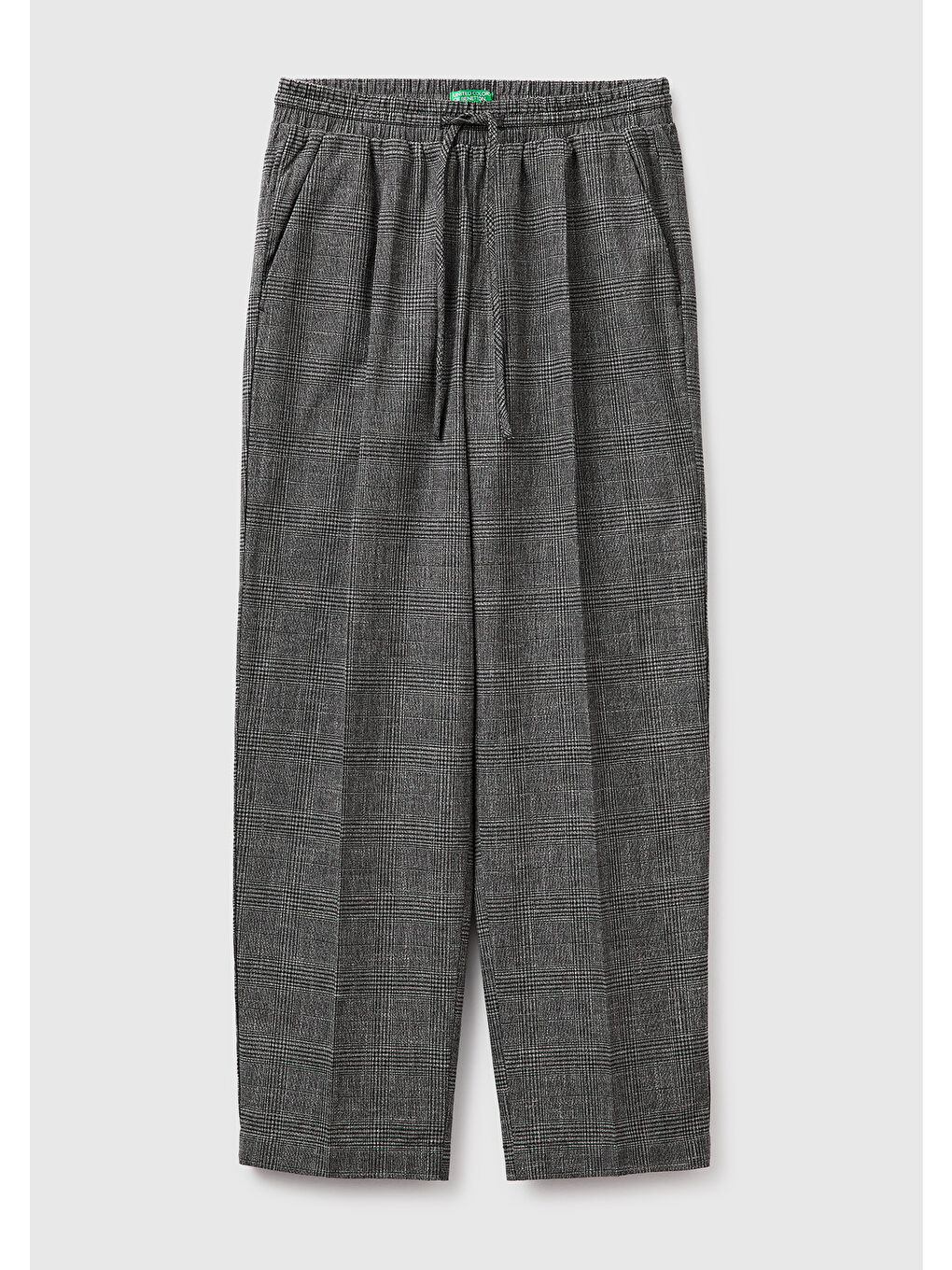 Kadın Gri Pamuk Karışımlı Ekose Desenli Beli Büzgülü Pantolon-1