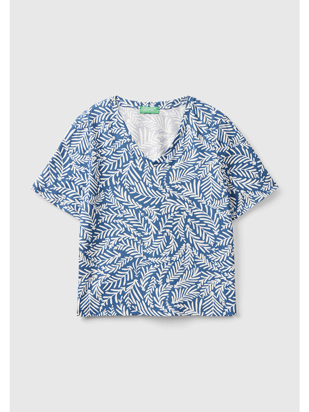 Kadın Lacivert-Krem %100 Pamuk Tamamı Desenli Derin V Yaka Tişört-1