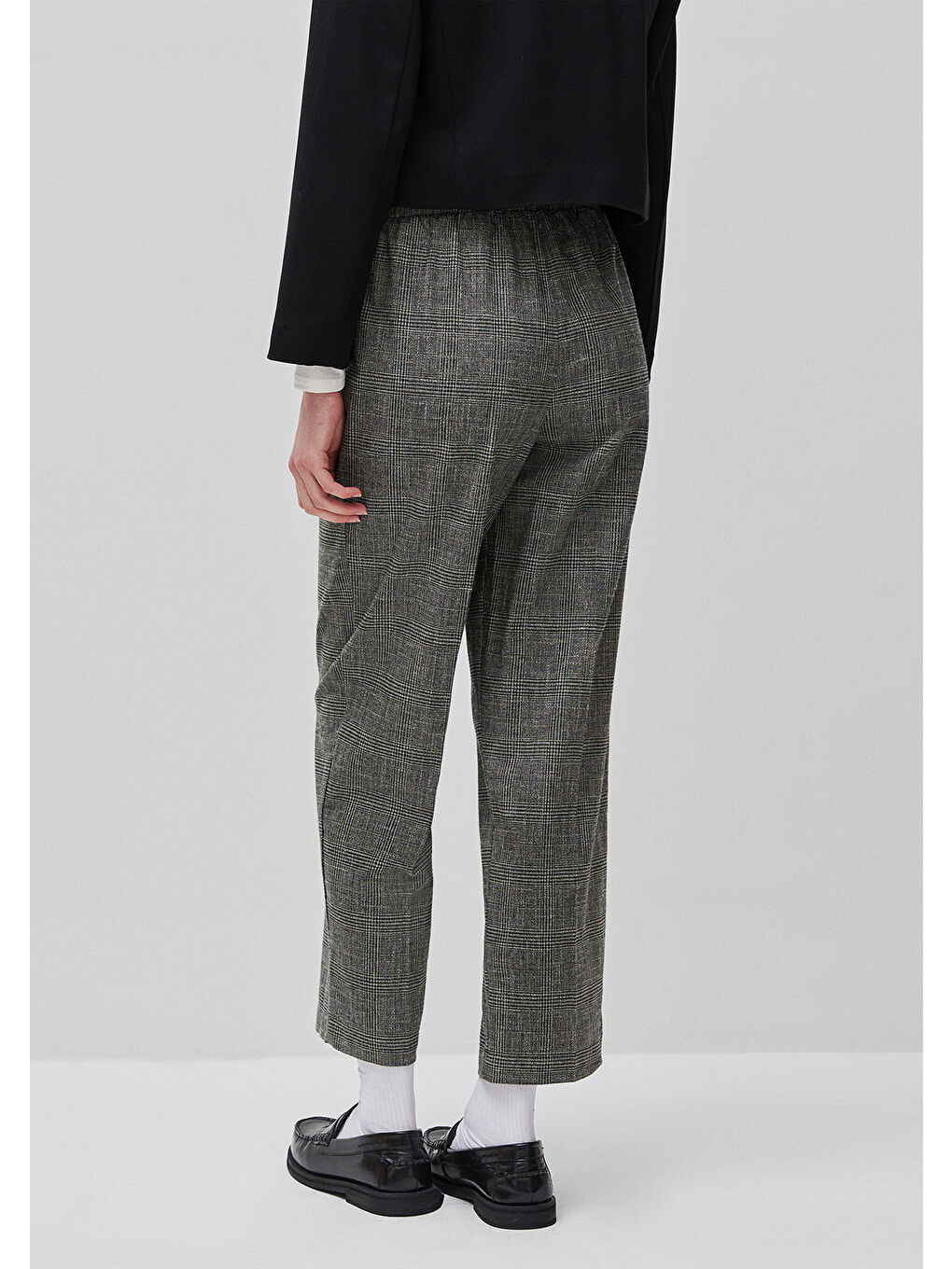 Kadın Gri Pamuk Karışımlı Ekose Desenli Beli Büzgülü Pantolon-2