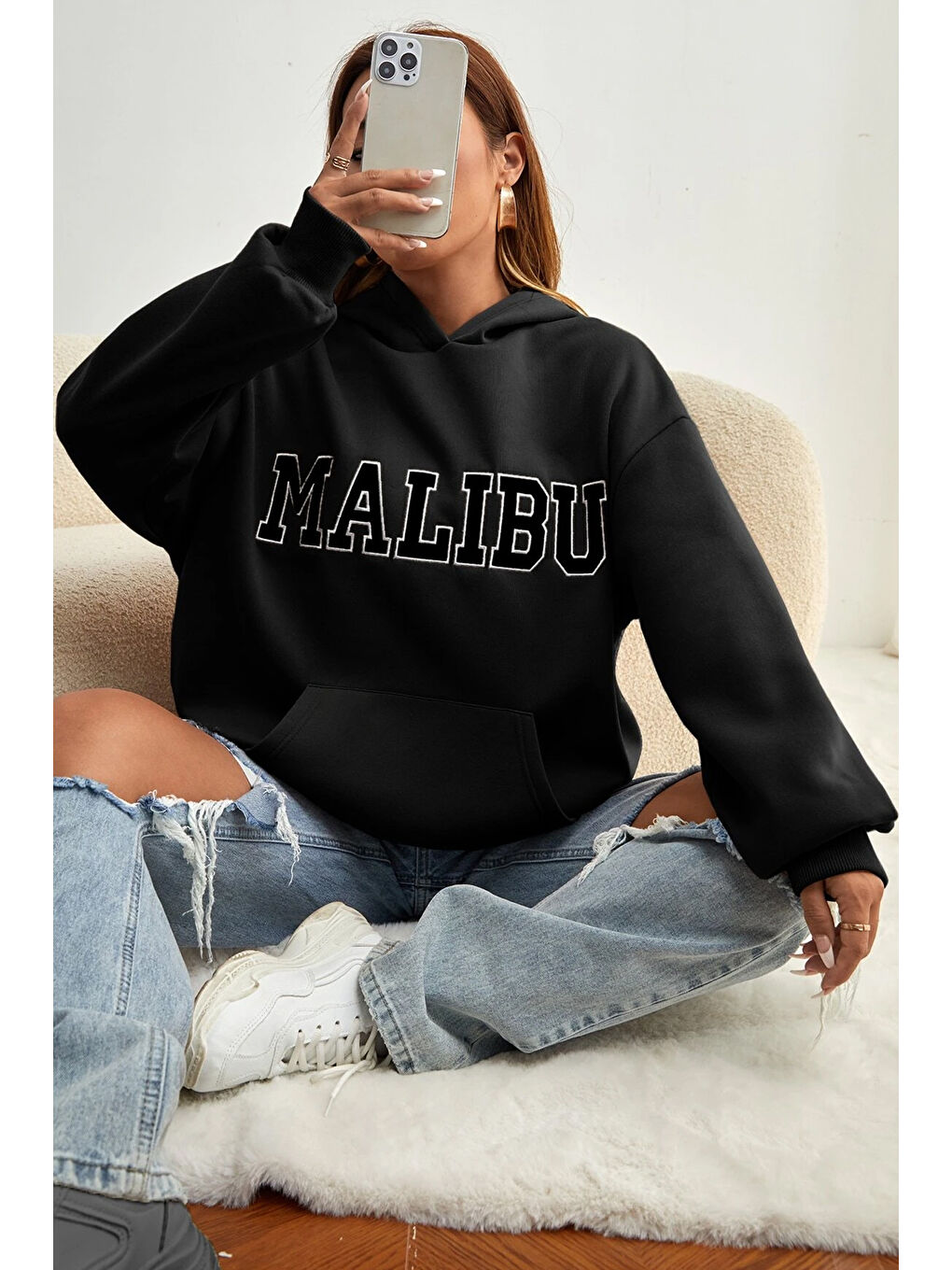 uyguntarz Siyah Unisex Malıbu Baskılı Oversize Sweatshirt