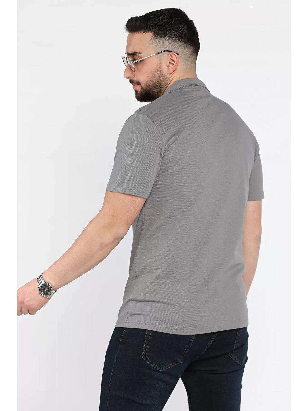 Gri Erkek Kendinden Desenli Devrik Yaka Yarım Kol Gömlek-2