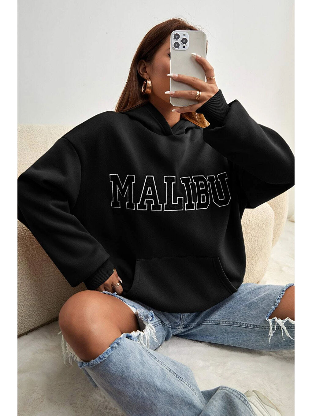 uyguntarz Siyah Unisex Malıbu Baskılı Oversize Sweatshirt - 3