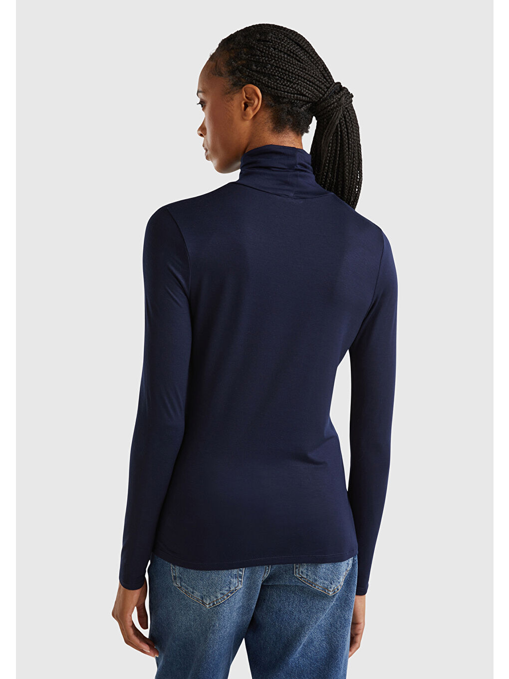 Kadın Lacivert Viskoz Karışımlı Balıkçı Yaka Uzun Kollu Düz Tişört-2