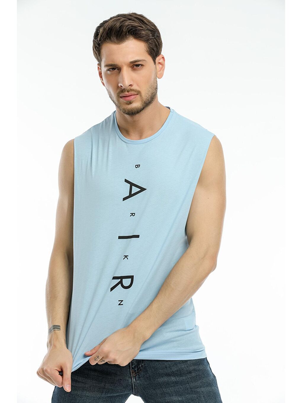 Mavi Erkek Bisiklet Yaka Oversize Fit Air Baskılı  Kolsuz Tişört SPR21Y05