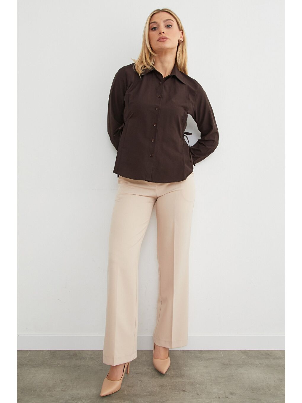 Kahverengi Basic Yanı Bağlama Detaylı Gömlek-2