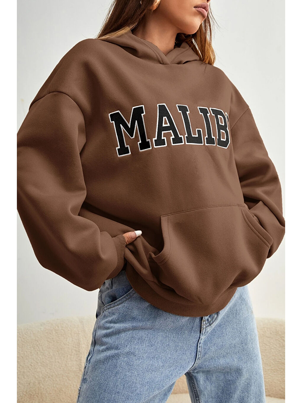 uyguntarz Kahverengi Unisex Malıbu Baskılı Oversize Sweatshirt