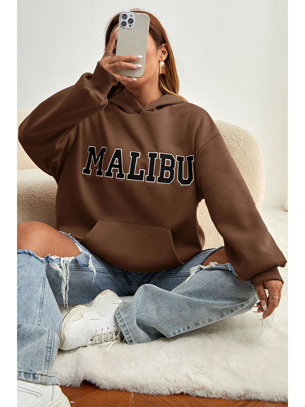 uyguntarz Kahverengi Unisex Malıbu Baskılı Oversize Sweatshirt - 1