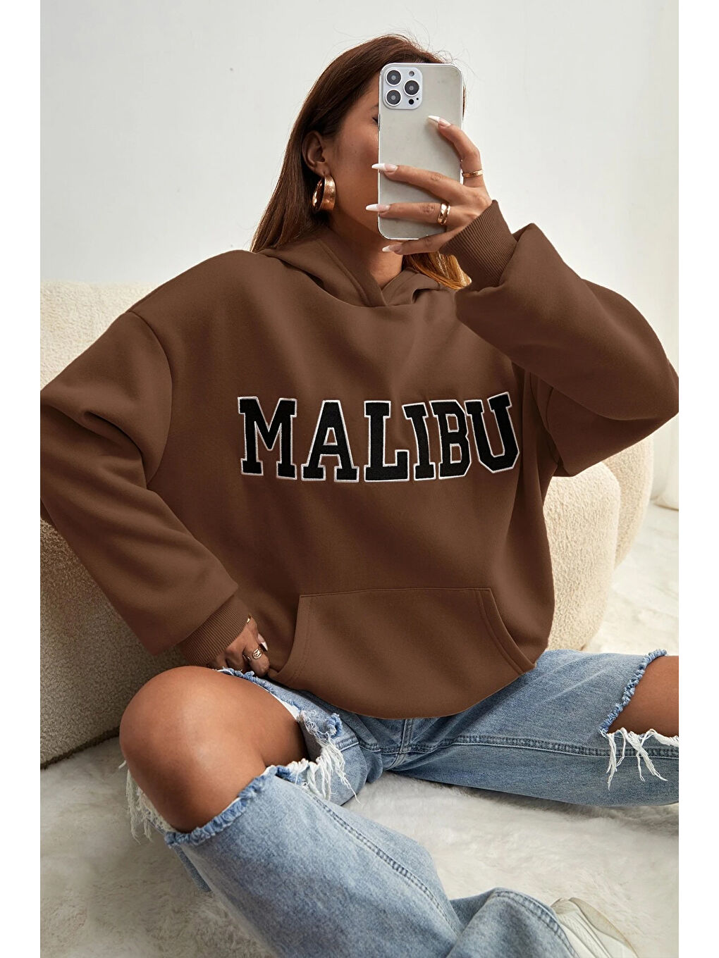 uyguntarz Kahverengi Unisex Malıbu Baskılı Oversize Sweatshirt - 2