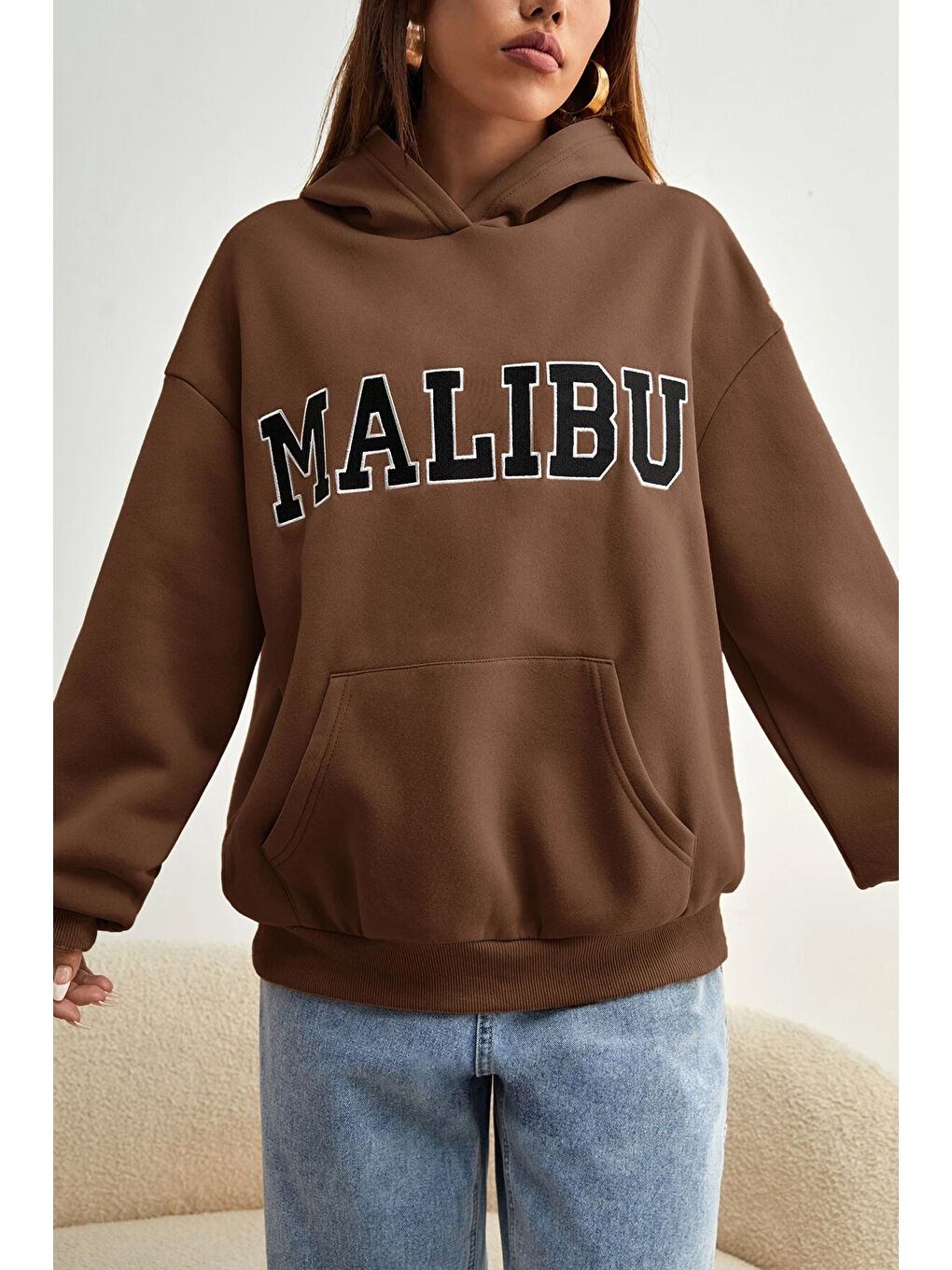 uyguntarz Kahverengi Unisex Malıbu Baskılı Oversize Sweatshirt - 4