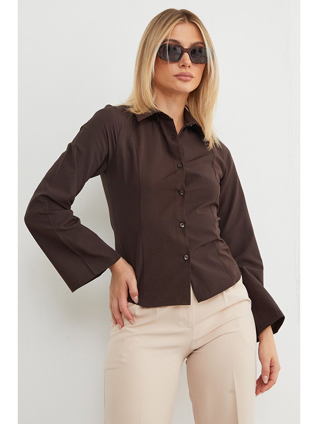 Kahverengi İspanyol Kol Terikoton Kumaş Kuplu Gömlek-1