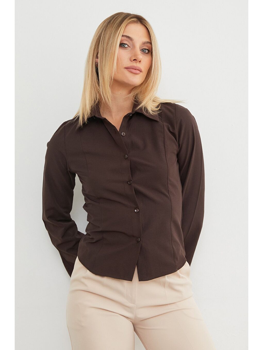 Kahverengi İspanyol Kol Terikoton Kumaş Kuplu Gömlek-2