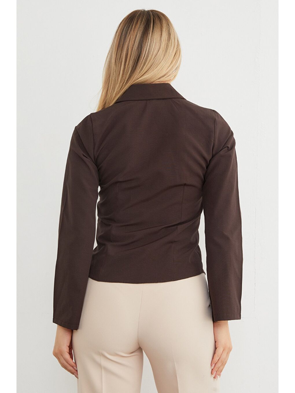 Kahverengi İspanyol Kol Terikoton Kumaş Kuplu Gömlek-3