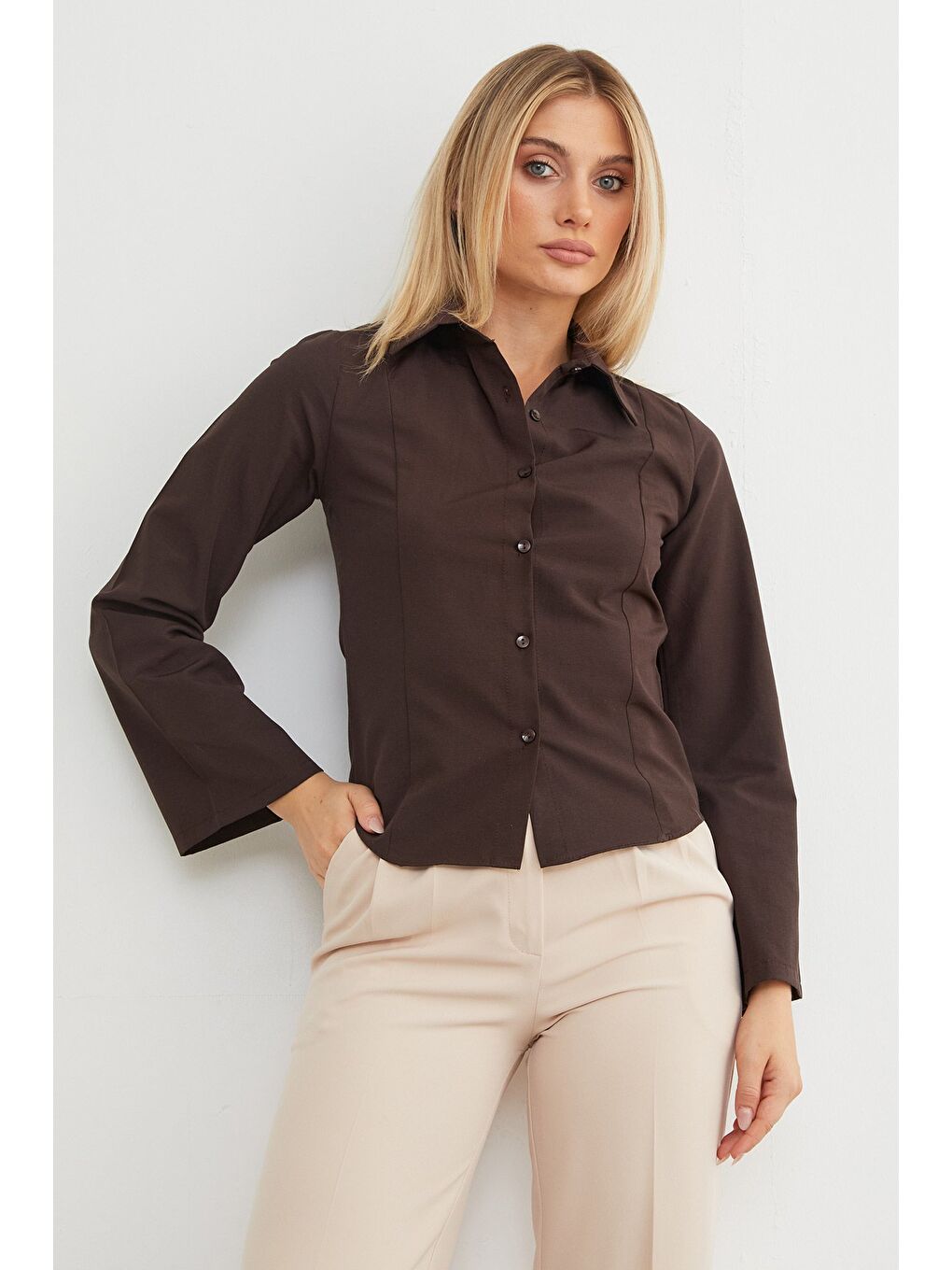 Kahverengi İspanyol Kol Terikoton Kumaş Kuplu Gömlek-4