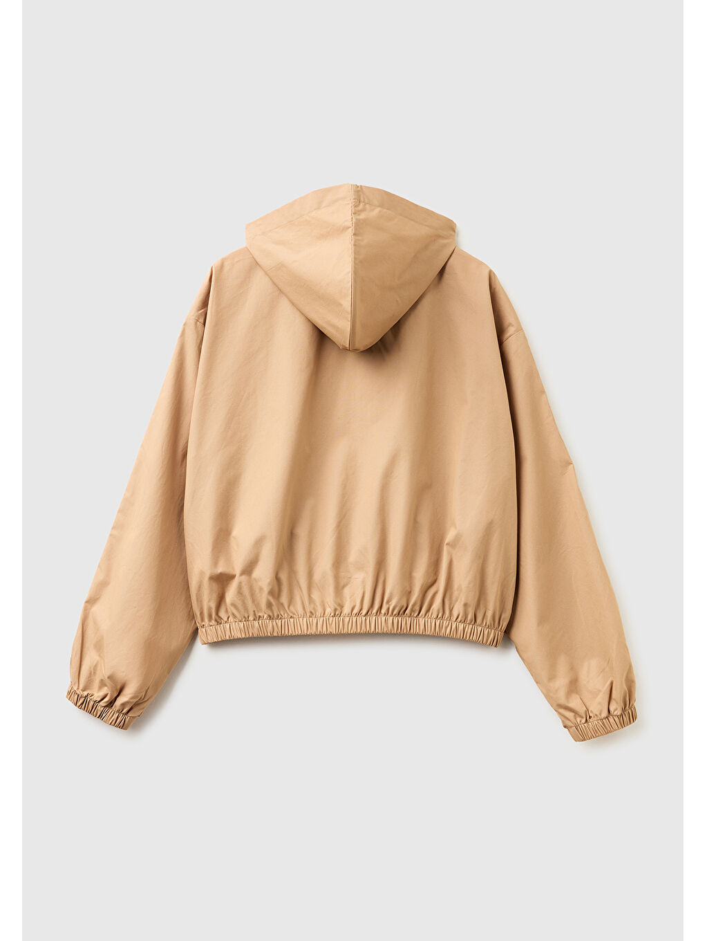 Kadın Bej %100 Pamuk Şeritli Fermuarlı Kapüşonlu Kanvas Ceket-1